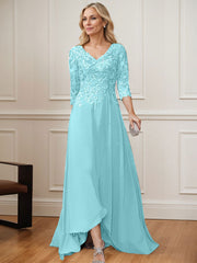 A-Line V-Neck 3/4 Sleeves Chiffon Mother Of The Bride Dresses With Lace