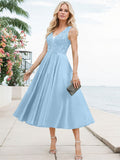 A-Line V-Neck Sleeveless Tea-Length Satin Mother Of The Bride Dresses With Lace