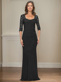 Sheath/Column Square Neckline 3/4 Sleeves Floor-Length Jersey Mother Of The Bride Dresses With Lace