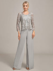 Silver Chiffon Pant and Lace Top Mother of The Bride Wide Pant Suits