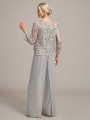 Silver Chiffon Pant and Lace Top Mother of The Bride Wide Pant Suits