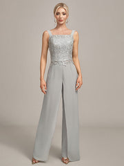 Silver Chiffon Pant and Lace Top Mother of The Bride Wide Pant Suits