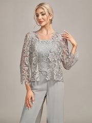 Silver Chiffon Pant and Lace Top Mother of The Bride Wide Pant Suits