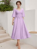 A-Line V-Neck 1/2 Sleeves Chiffon Mother Of The Bride Dresses With Lace