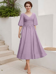 A-Line V-Neck 1/2 Sleeves Chiffon Mother Of The Bride Dresses With Lace