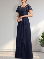 A-line Asymmetrical Illusion Floor-Length Lace Chiffon Mother of the Bride Dress With Cascading Ruffles Sequins