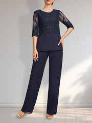 Jumpsuit/Pantsuit Separates Scoop Floor-Length Chiffon Lace Mother of the Bride Dress With Sequins