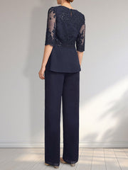 Jumpsuit/Pantsuit Separates Scoop Floor-Length Chiffon Lace Mother of the Bride Dress With Sequins