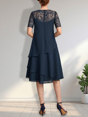 A-line Scoop Illusion Knee-Length Lace Chiffon Mother of the Bride Dress With Sequins